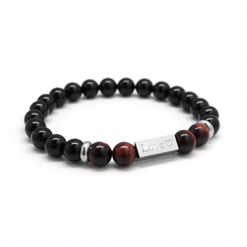 Bracelet perles agates noires et oeil de taureau homme - gravure LOVE COEUR