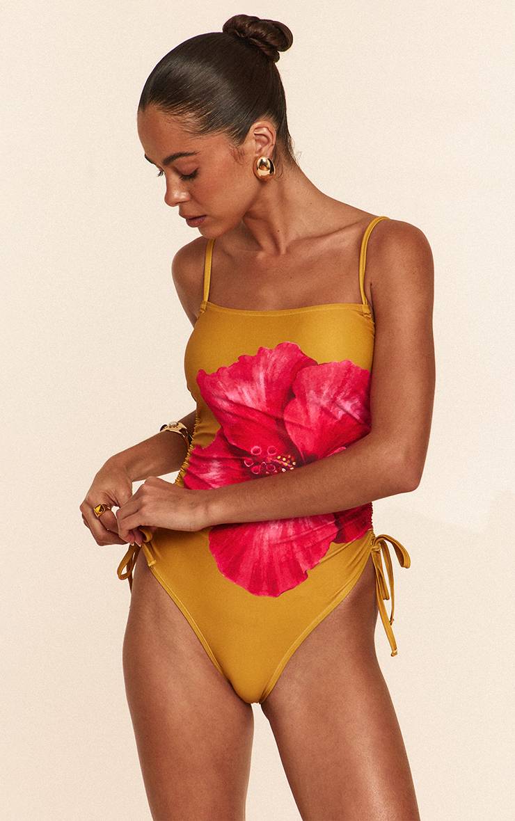 Moutarde Maillot De Bain À Bretelles Imprimé Hibiscus