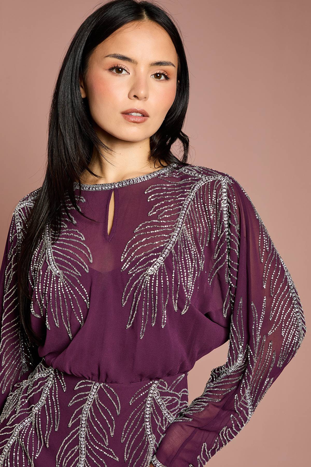 Coast Robe Mini Petite à Manches Longues Ornée de Plumes Placement