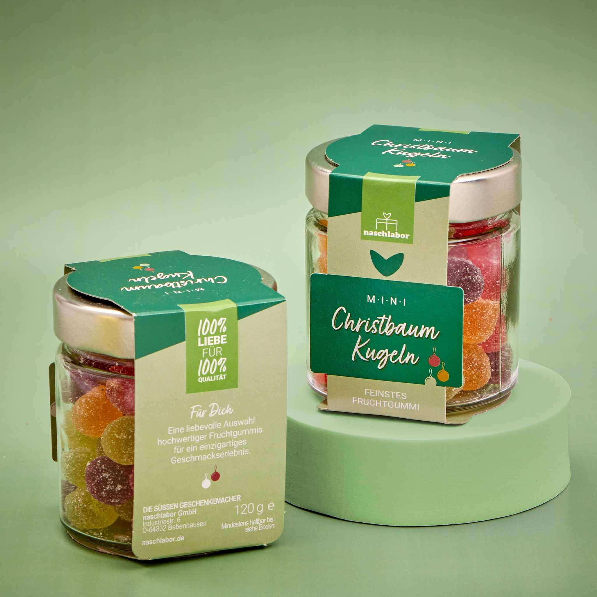 naschlabor Christbaumkugeln Fruchtgummi im Geschenkglas