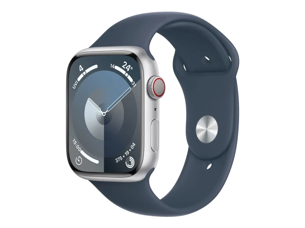 Apple Watch Series 9 (GPS   Cellular) - 45 mm - sølvaluminium - smart ur med sportsbånd - fluoroelastomer - stormblå - båndstørrelse: S/M - 64 GB - Wi-Fi, Bluetooth, UWB, LTE - 4G - 39 g
