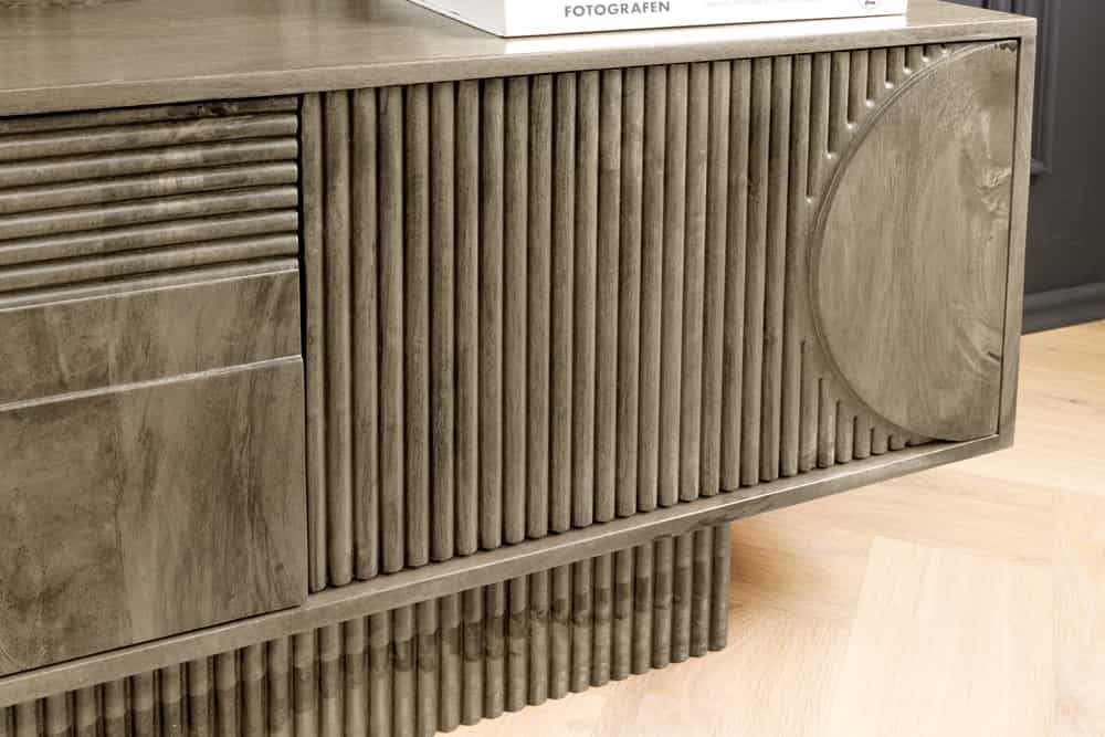 Massives TV-Board ART DECO 200cm grau Mangoholz Lowboard 3D-Front