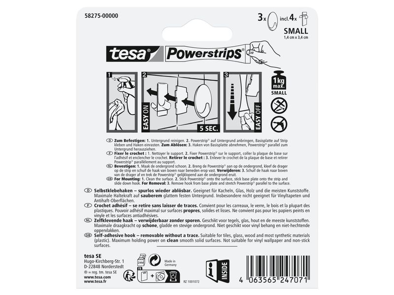 tesa Klebehaken Powerstrips Small Oval, Schwarz Ovaler Haken zum Aufhängen von leichten Gegenständen