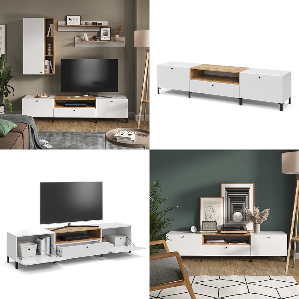 Vicco Lowboard Anteo, Weiß Oak, 200 x 45 cm, moderne Wohnzimmer Serie, Wohnwand
