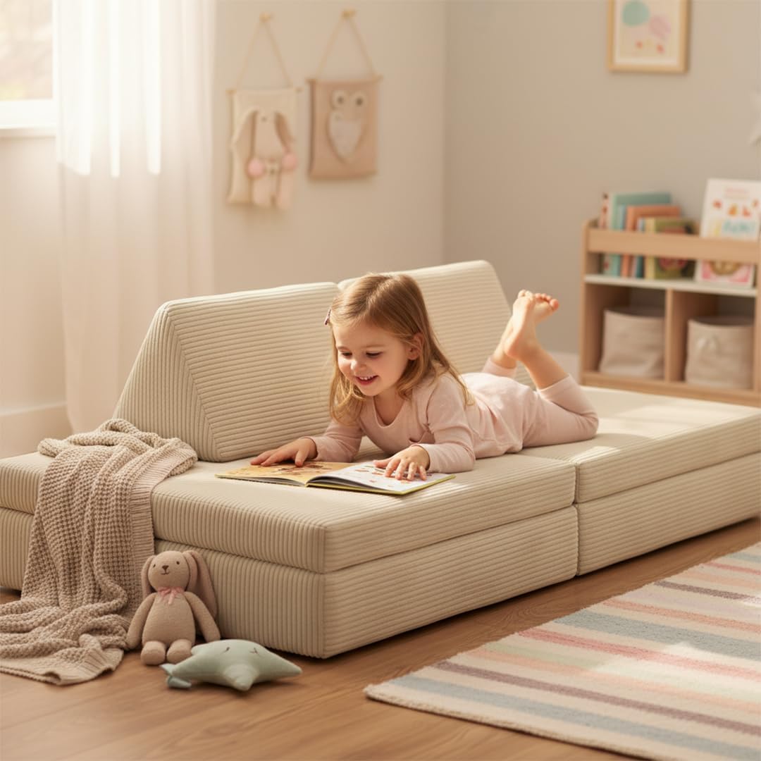 Bellabino Nile Spielsofa für Kinder – Kindersofa Cord in Beige – Spielesofa aus Schaumstoff Bausteine – modulare Kindercouch ausklappbar – Spielcouch waschbarer Bezug – Sofa Kinderzimmer Kuschelecke