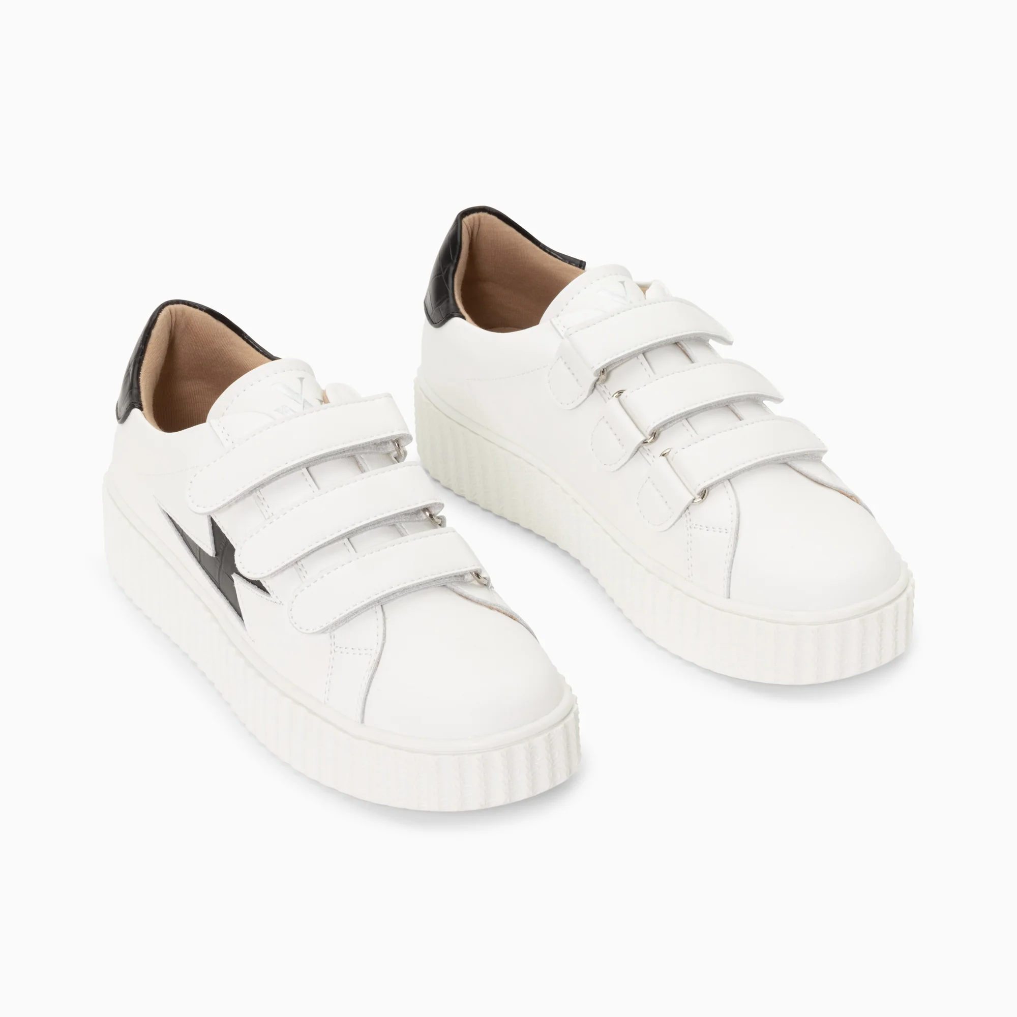 Sneakers-Baskets éclair Elsa blanc et noir croco à scratchs