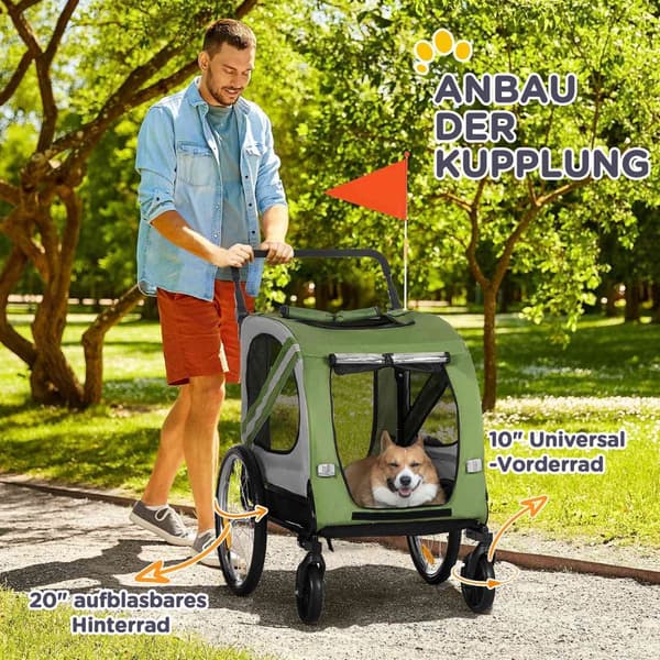 2-i-1 hundehenger & hundevogn, hundesykkelhenger, hundevogn med reflekser for mellomstore hunder opptil 20 kg, Oxford-stoff, grønn
