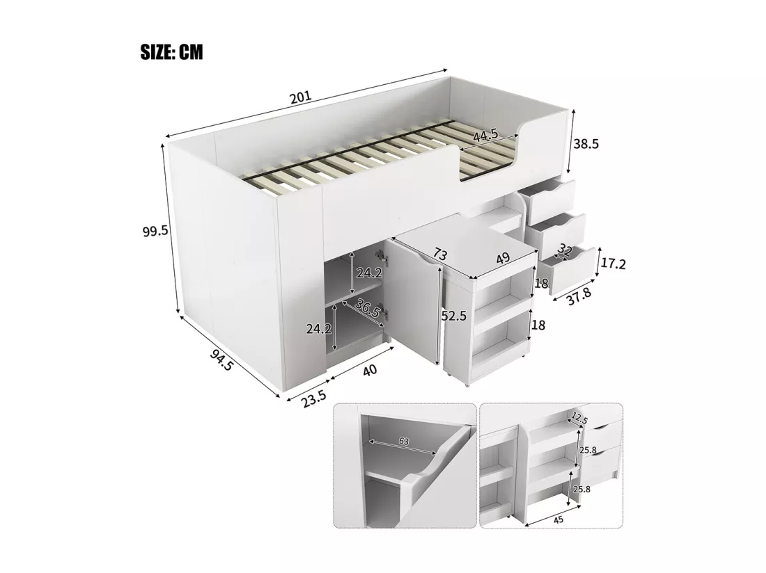 Lit en mezzanine, 90*200 Lit d'enfant avec échelle, bureau, armoire amovible, tiroirs, blanc