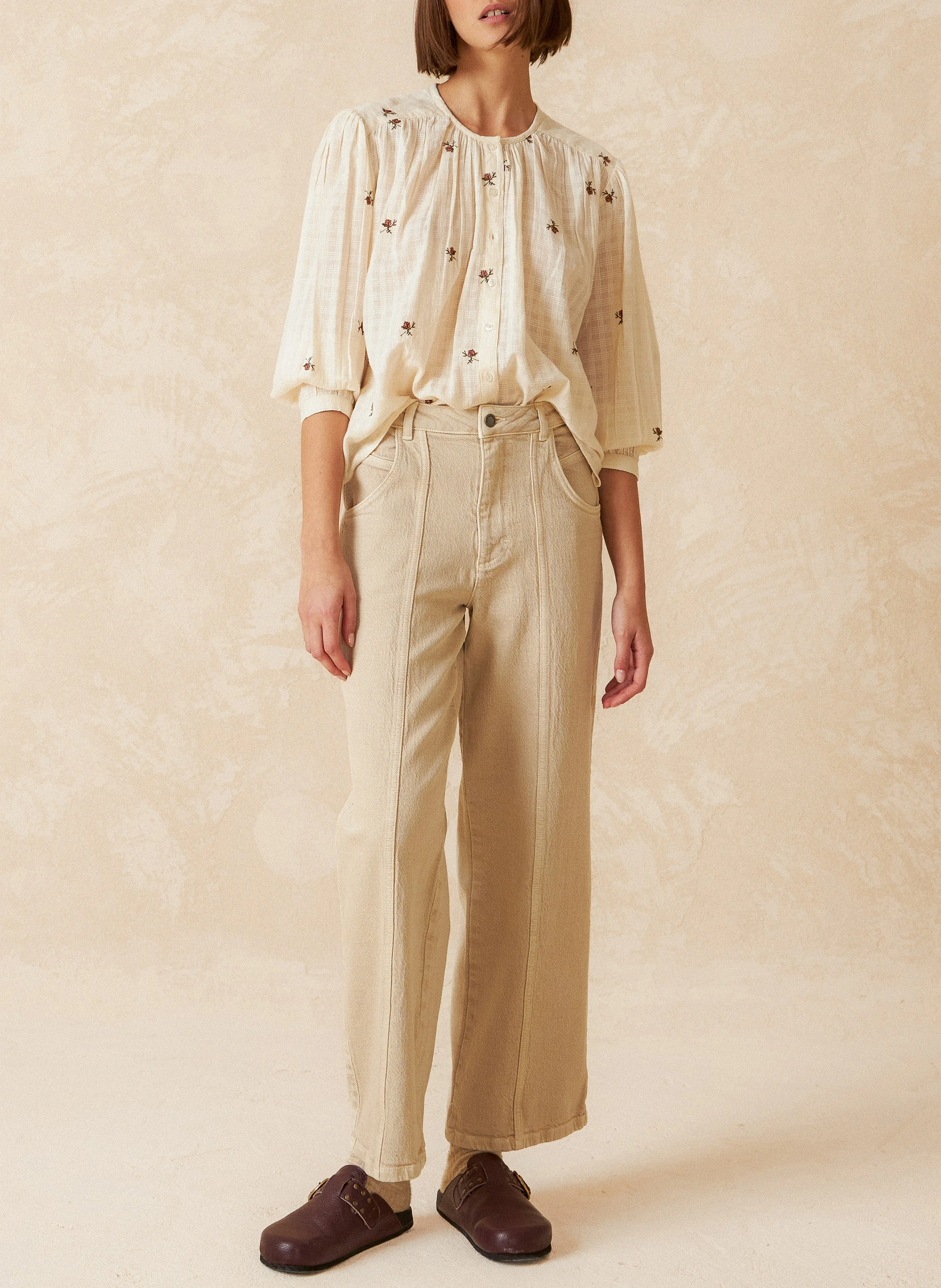 Chemise ample col rond brodée en coton | Blanc