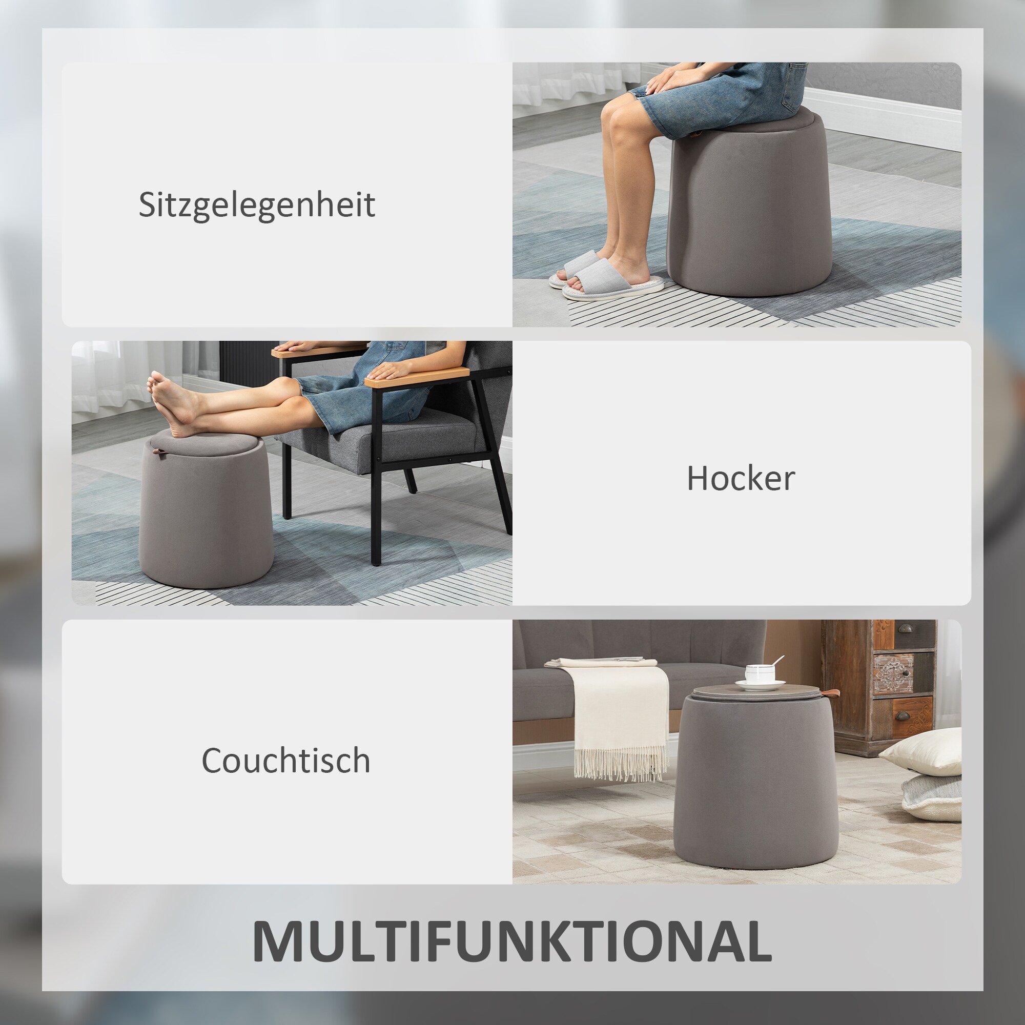 HOMCOM Aufbewahrungs-Ottomane mit Stauraum beige Ø44 x 47,5Hcm