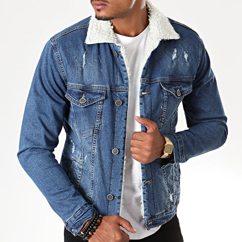 Veste Jean Slim Fit A Col Mouton Bleu Denim