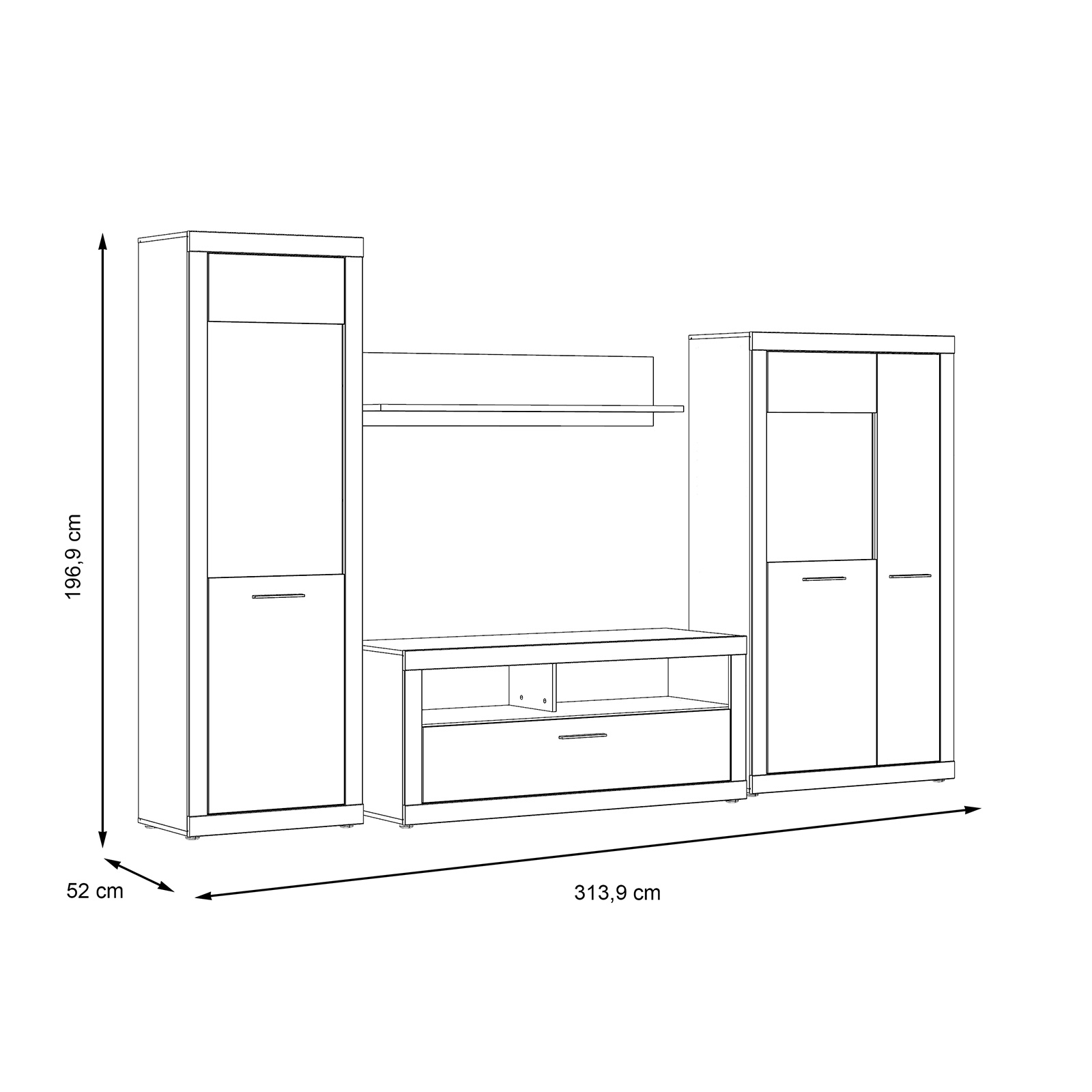4-teiliges Wohnwand-Set - Betonoptik - weiß - 314 cm breit