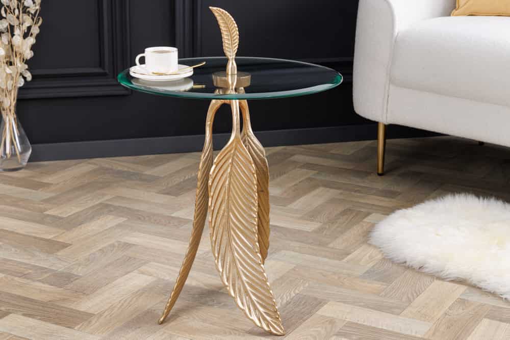Extravaganter Beistelltisch FEATHER 65cm gold Glasplatte handmade rund