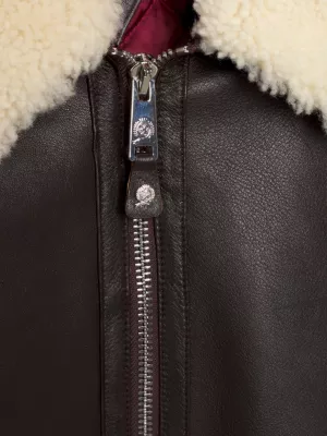 Jaqueta Bomber Crest de Couro com Gola a Penas e Corte Relaxado