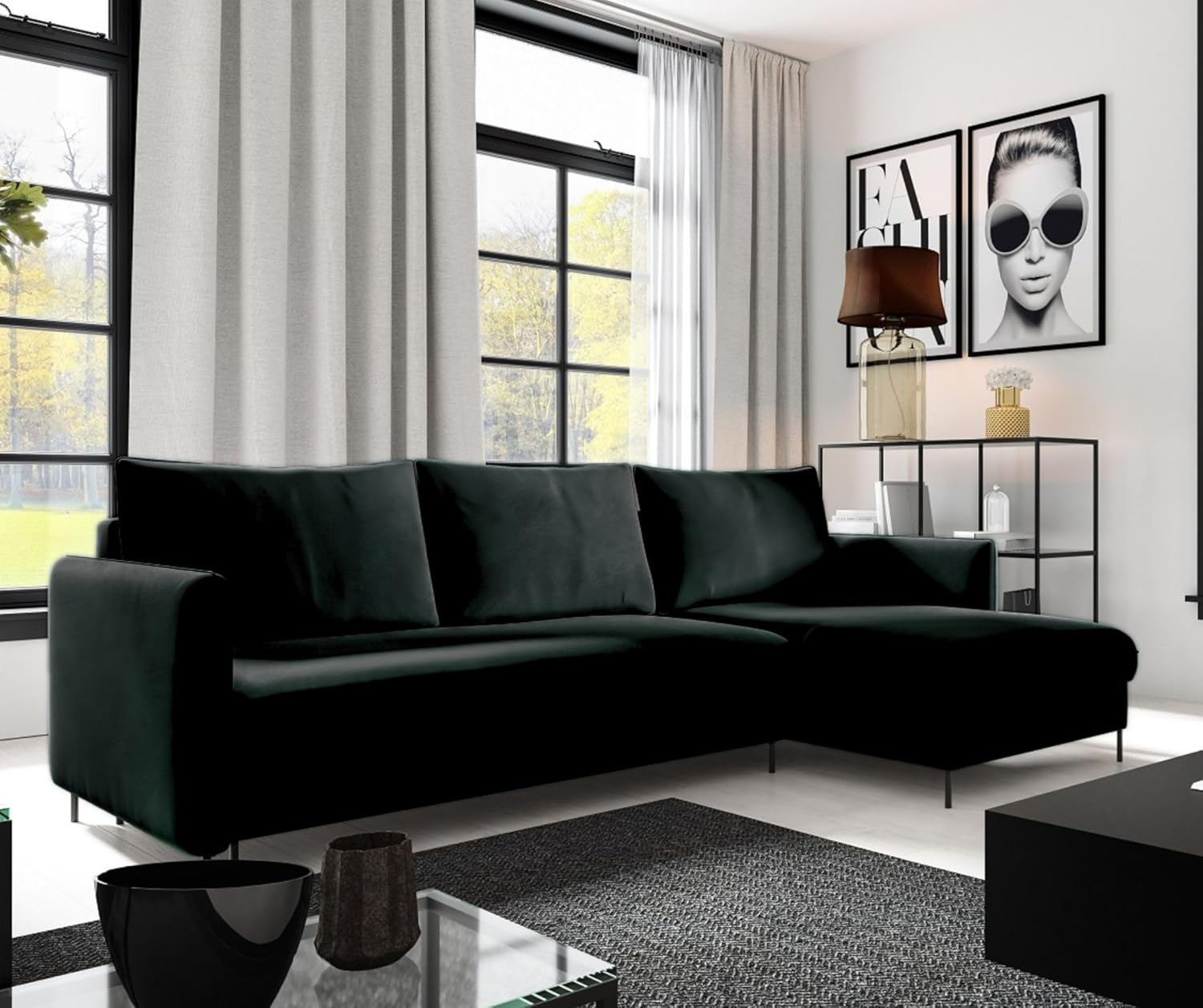 BELIS Ecksofa mit Schlaffunktion L-förm Liegefläche: 201 x 150 cm Boucle-Velours-Stoff Sofa 3-Sitzer Ecksofa mit Schlaffunktion und Bettkasten (Riviera 100 - schwarz)