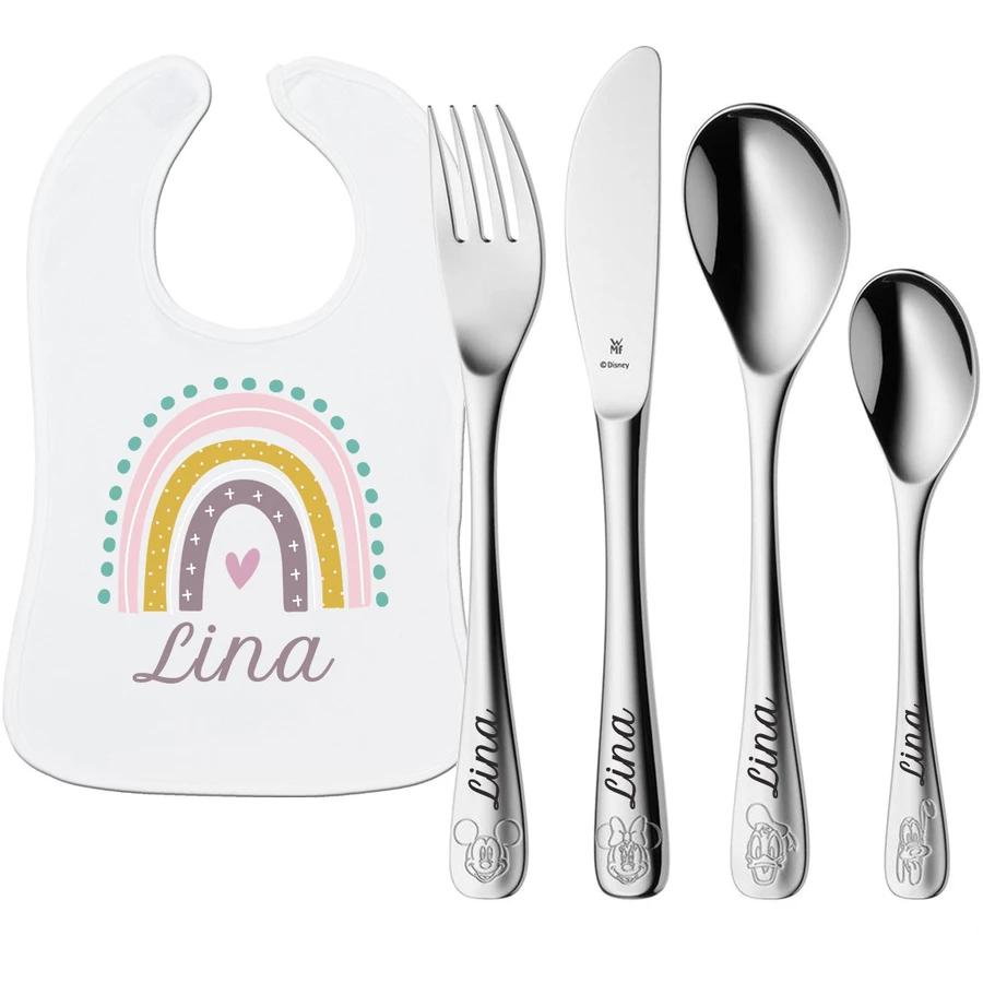 Schnullireich Geschenkset mit Namen WMF Kinderbesteck Mickey & Friends + Lätzchen Rose Rainbow Silber