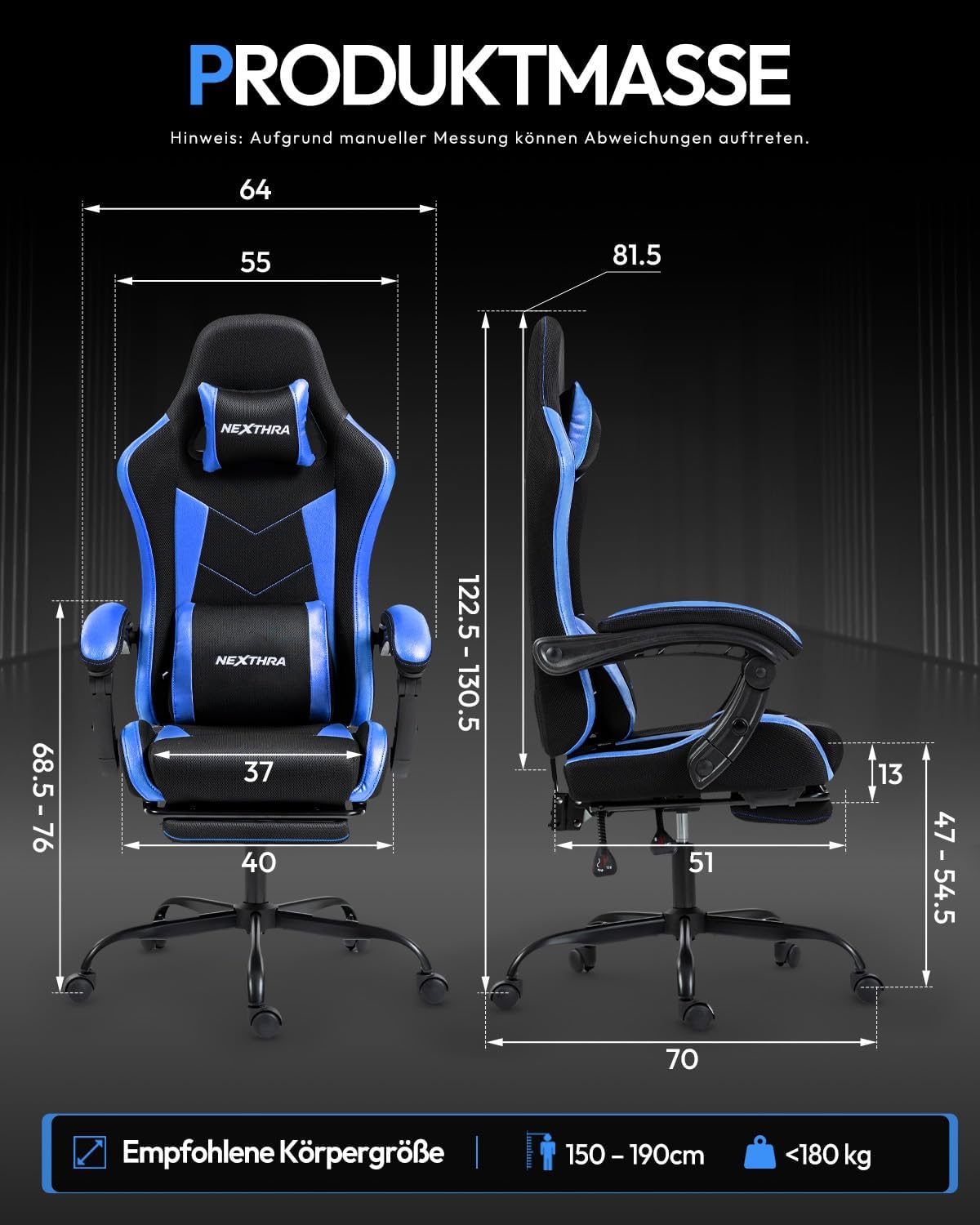 Nexthra Gaming Stuhl Bürostuhl Gaming Sessel mit höhenverstellbaren Linkage-Armlehnen, ergonomischer Gamer Stuhl mit Fußstütze, gepolstert Gaming Chair 150° neigbar bis 180 kg, Blau