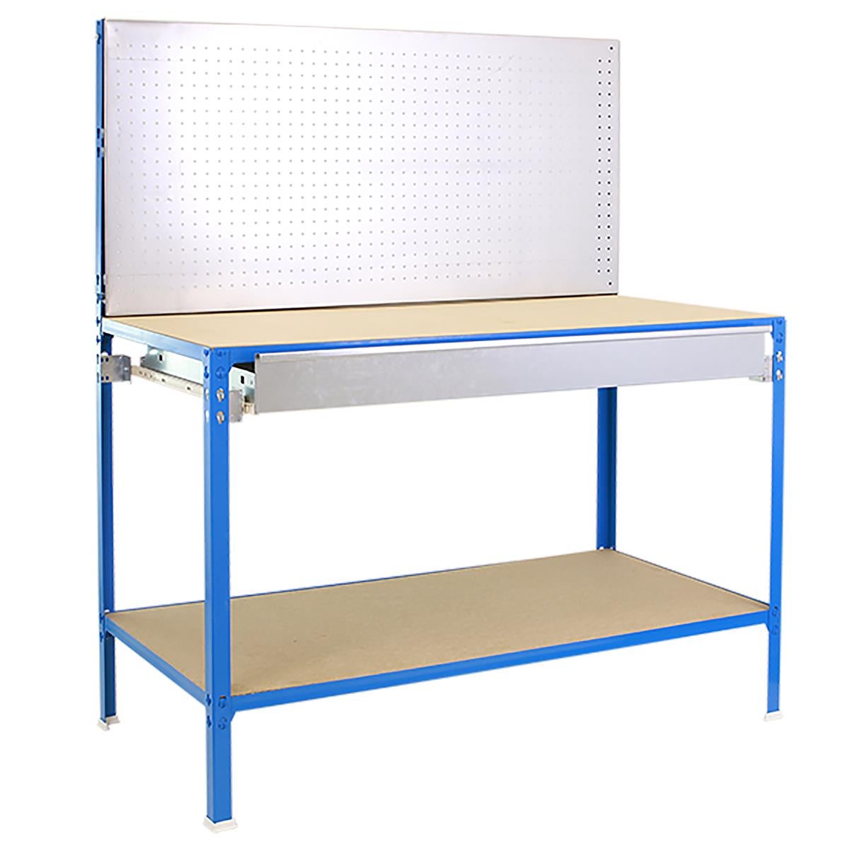 Buffalo Light werkbank met geperforeerd bord en 2 legplanken | HxBxD 144,5x120x60cm | Draagvermogen 220kg | Blauw/Gegalvaniseerd