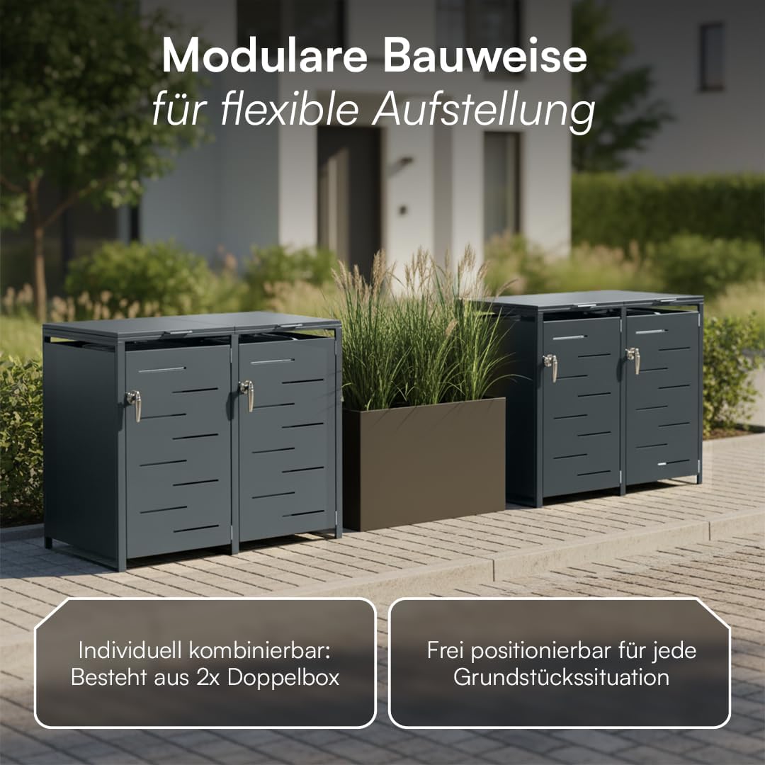 STEELSØN Diorus Mülltonnenbox 4er bis 240L abschließbar – Hochwertige Mülltonnenverkleidung für 4 Tonnen – Müllbox Stahl – Müllcontainer Anthrazit - Mülltonnen Box wetterfest – Gerätebox mit Schloss