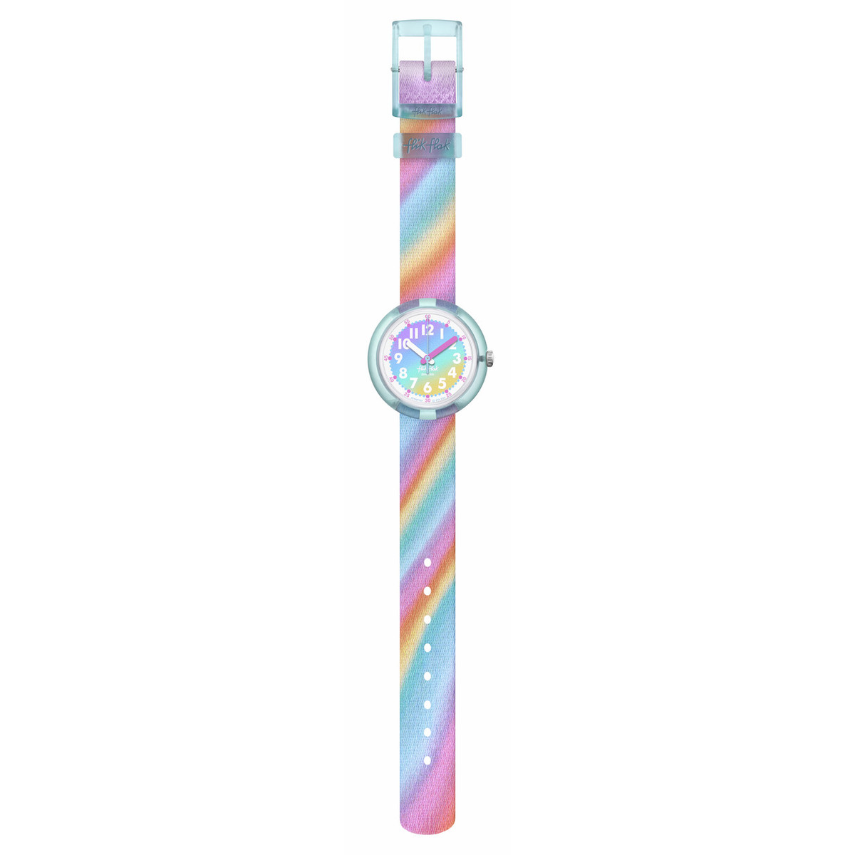 Montre FLIK FLAK Organized Chaos Liquid Rainbow enfant bracelet pet recyclé rose