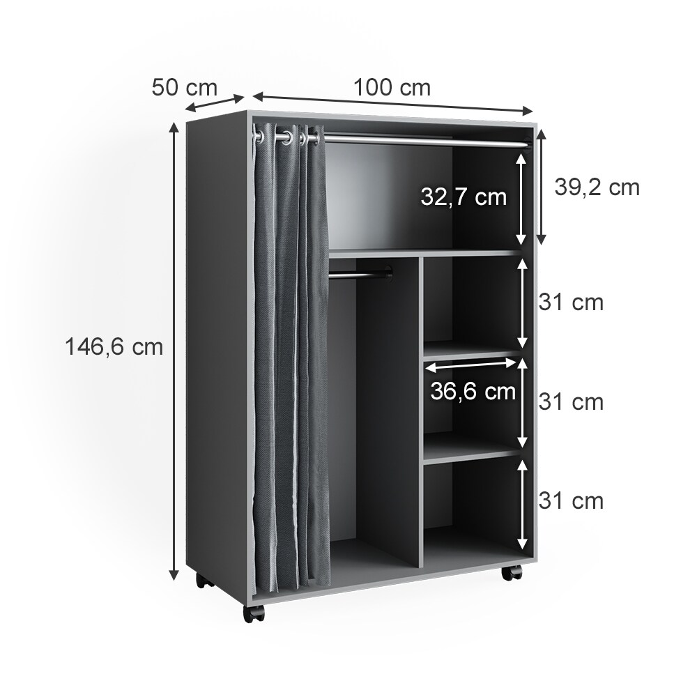 Vicco mobiler Kinderkleiderschrank Dielenschrank Garderobe Doros Grau modern 100 x 147 cm offen rollbar