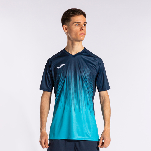 Camiseta Joma Tiger IV de manga curta, turquesa fluorescente, azul marinho