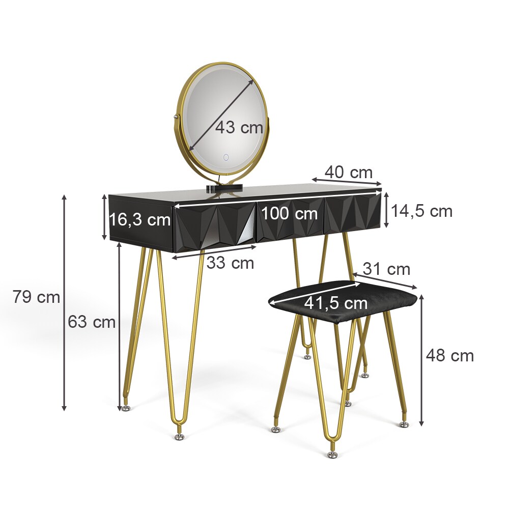 Vicco Schminktisch Ruby 100x40cm, Schwarz, Frisiertisch mit LED-Spiegel & Hocker