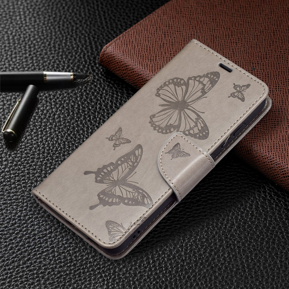 Samsung Galaxy S21 FE 5G Leder Tasche mit Kartenfach   Handschlaufe Schmetterling - Grau