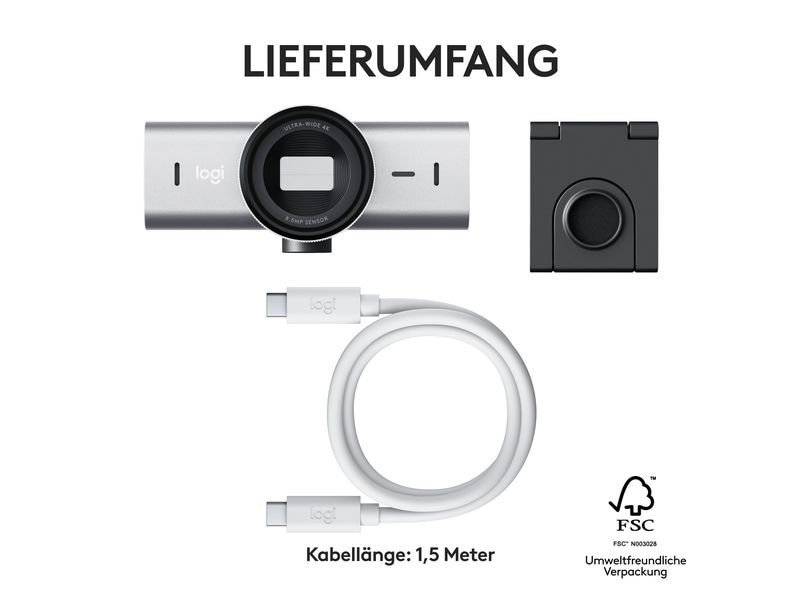 Logitech Webcam MX Brio 4K Pale Grey 4K-Webcam mit KI-gesteuerten Funktionen und erstklassiger Bildqualität