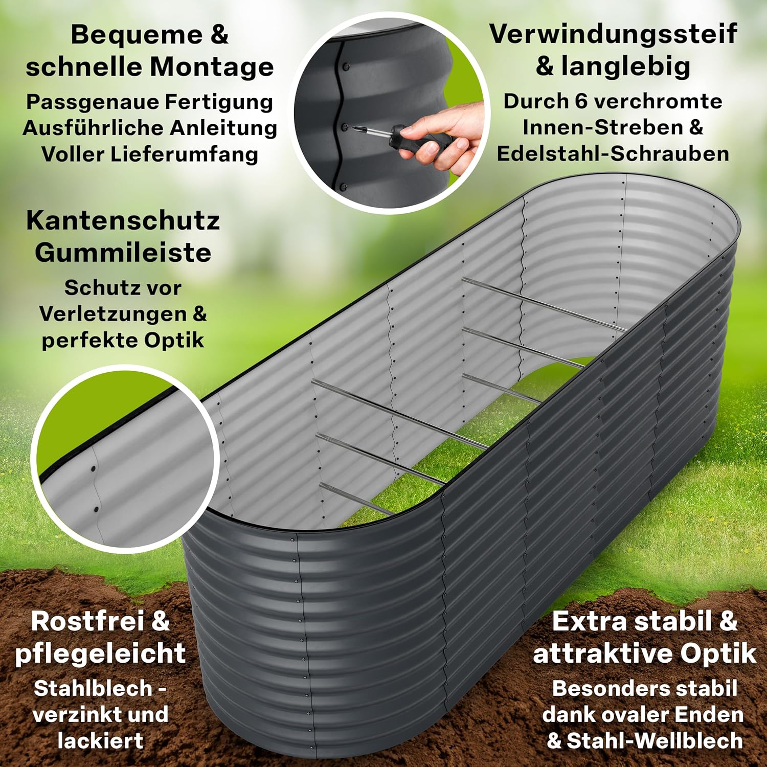 TTL GARDEN 240x80x80cm Elegance L Metall Hochbeet Anthrazit - Stahl rostfrei verzinkt & grau lackiert Wellblech ovale Form sehr stabil Garten Beet für Gemüse Kräuter Blumen Gartenbeet Gemüsebeet