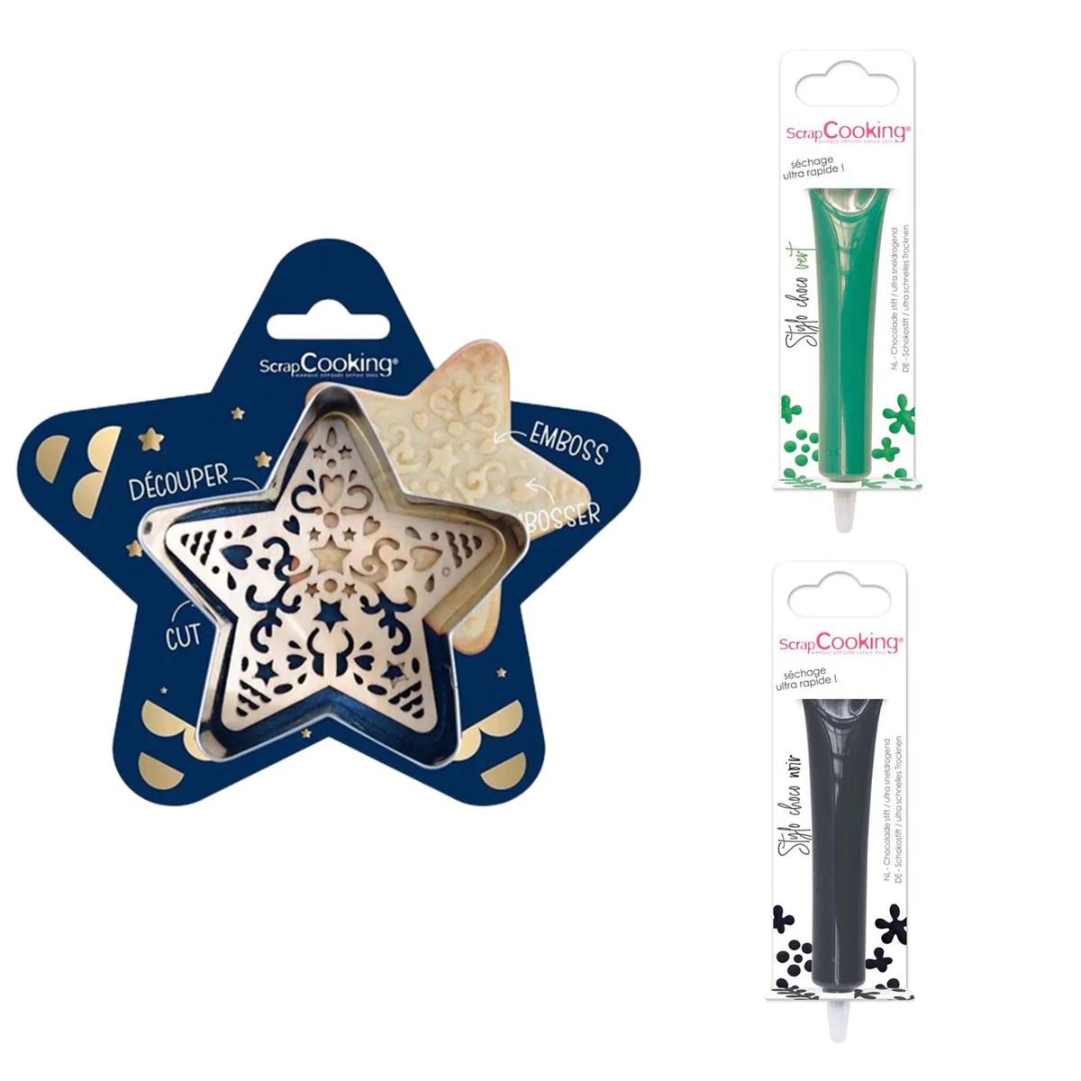 Kit pour biscuit en relief Étoile + 2 Stylos au chocolat vert et noir