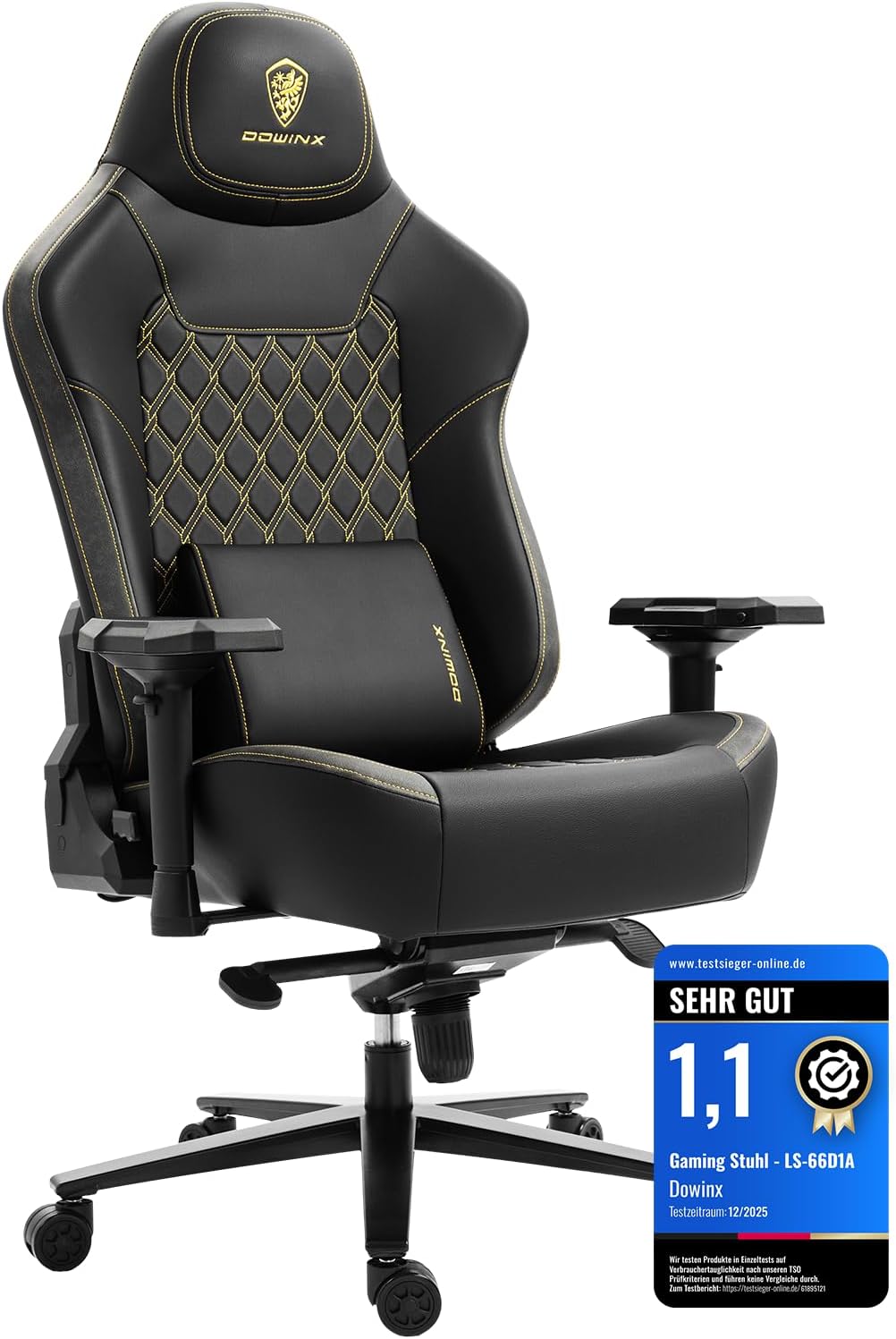 Dowinx Gaming Stuhl 200kg Belastbarkeit Chefsessel, Ergonomischer Bürostuhl mit 4D Armlehnen und Lendenwirbelstütze, Höhenverstellbarer Gaming Chair für Gamer und Esport Schwarz