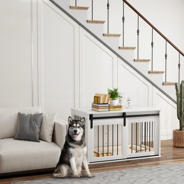 Hundekasse med skyvedør, ventilasjon, sponplater og stål, 98 x 58 x 61 cm, valnøtt