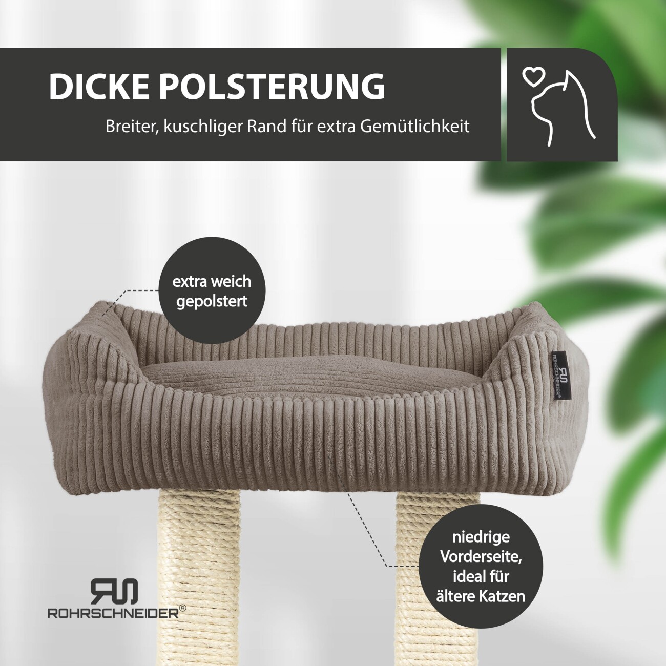 Rohrschneider ® moderner Kratzbaum, Kratzsäulen aus Vollholz, Katzenbett mit Wendekissen