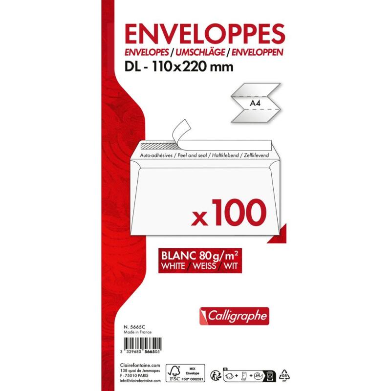 Paquet de 100 Enveloppes Blanches DL-110x220mm - Auto-Adhésives - 80g/m2 - Blanc