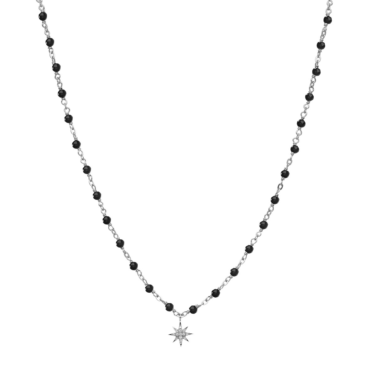 Collier Argent Rhodié étoile En Zirconium Blanc Et Pierres Spinelle Noires