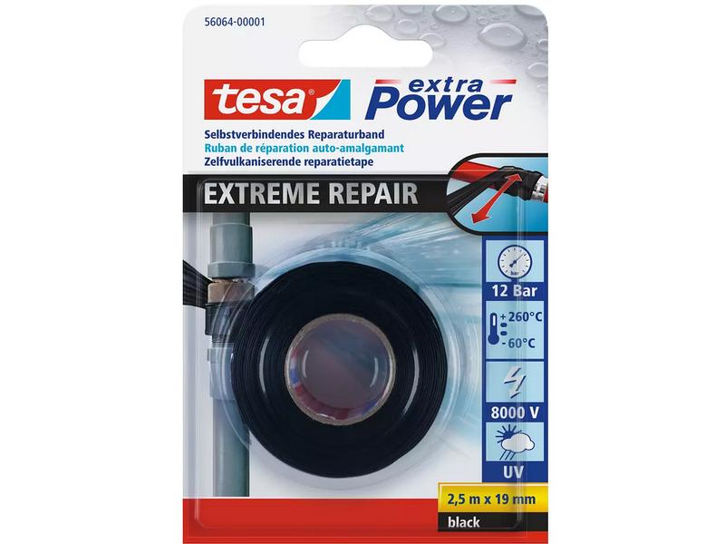 tesa Reparaturband-Set extra Power Extreme, 3er Pack, Schwa Selbstverschweissendes Reparaturband aus Silikon zum Isolieren und Abdichten