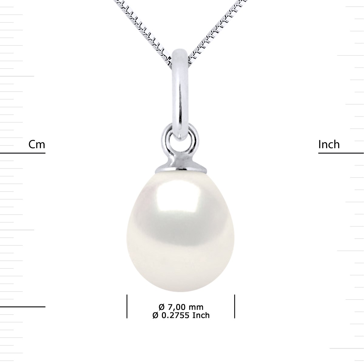 Pendentif Perle d'Eau Douce Poire 7-8 mm Blanche Or Blanc 18 Carats Livré avec Chaîne