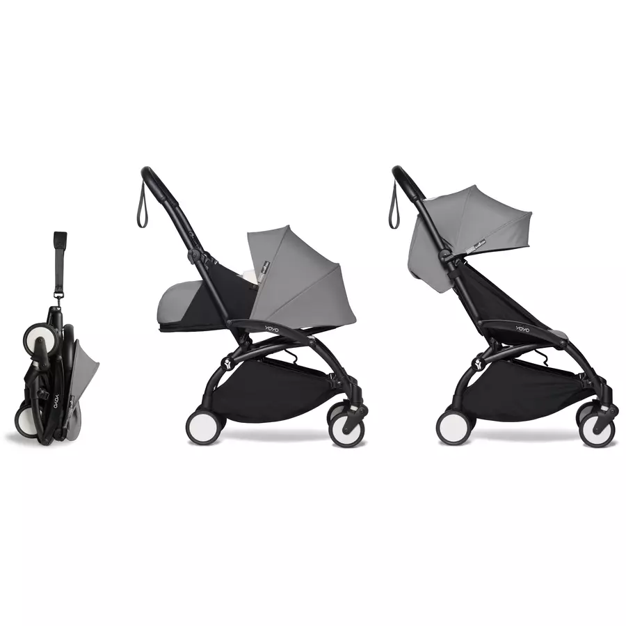 BABYZEN Kinderwagen YOYO2 0+ Black mit Neugeborenenaufsatz inkl. Textilset Grey