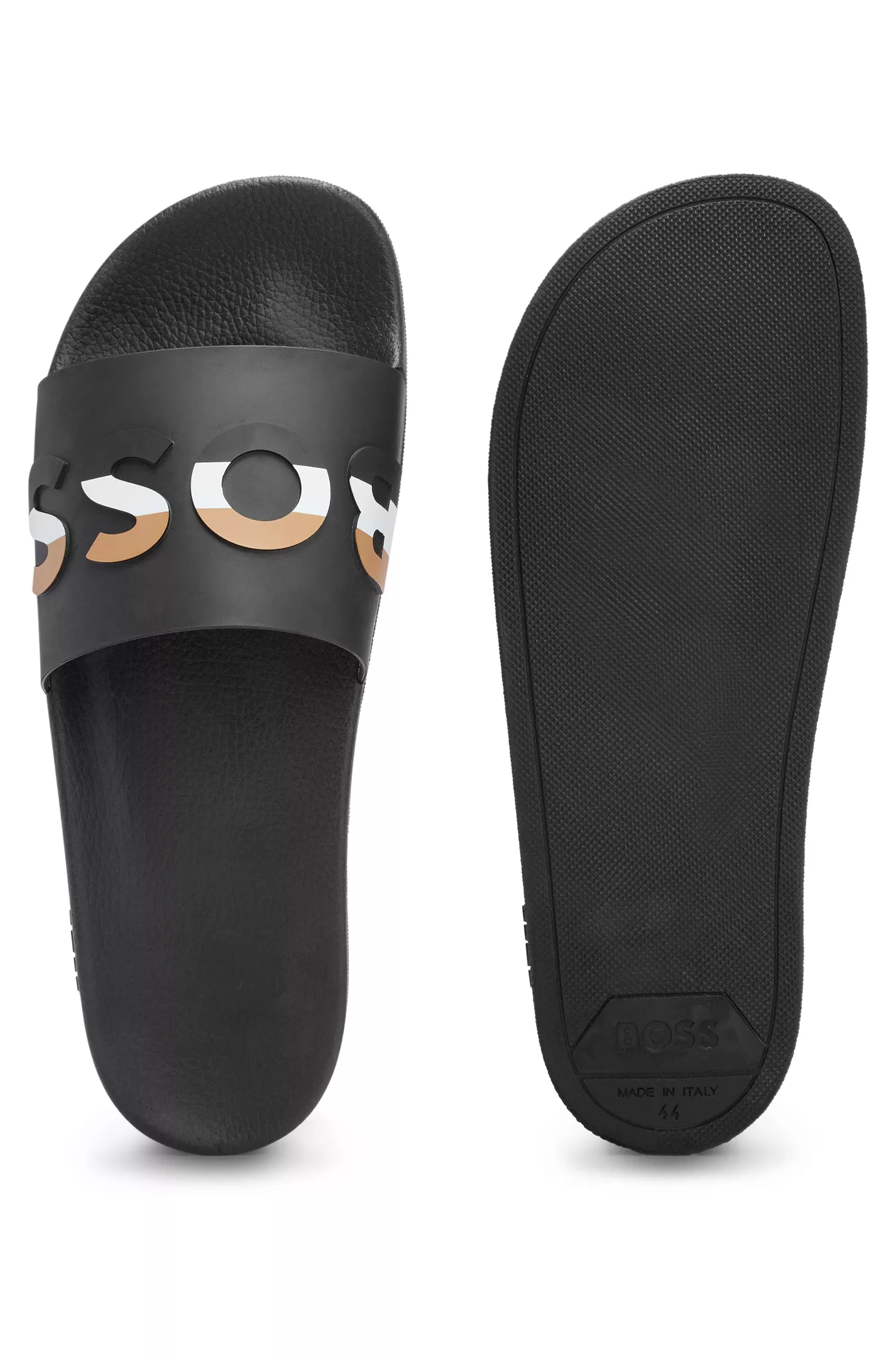 Chinelo BOSS em PVC preto com logo listrado característico e palmilha anatômica.