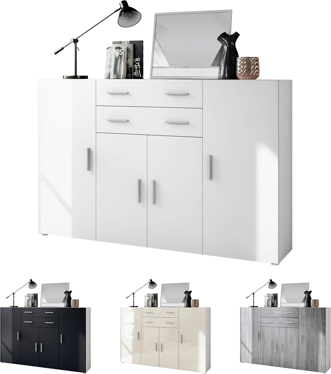 Vladon Highboard Aron Anrichte mit 2 Schubladen und 4 Türen mit insgesamt 8 Fächer dahinter, Weiß matt/Weiß Hochglanz (166,5 x 106,5 x 35 cm)