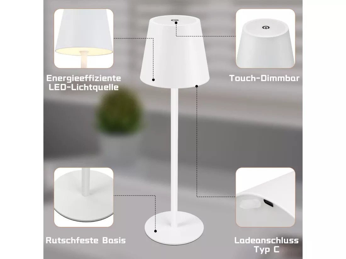 NETTLIFE Lampe de Chevet à Batterie sans Fil， Lot de 2 - LED 2600mhA Lampe de Table d'extérieur Rechargeable Tactile Lampe à Batterie Blanc USB