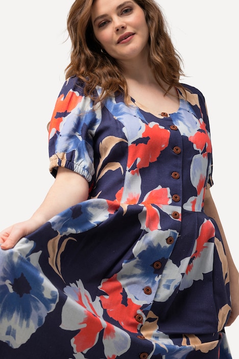 Kleid, Leinenmix, Knopfleiste, Rundhals, Halbarm