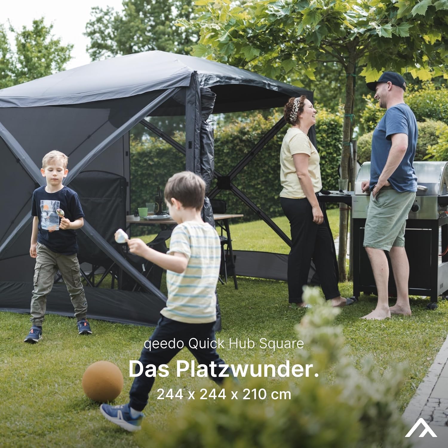 qeedo faltbares Schnell-Aufbau Pavillon mit UV-Schutz, wasserabweisend (2,4 x 2,1 m) inkl. Sturmleinen & Stahl-Heringe, Camping Vorzelt Event Shelter - Quick Hub Square
