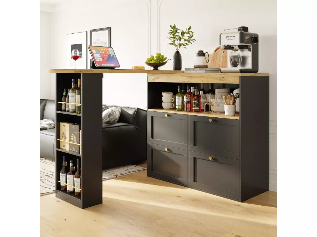 Meuble de bar pivotant - 4 tiroirs, 3 étagères de rangement & niche - MDF plateau effet bois - 138 cm/105x39x102 cm - Noir