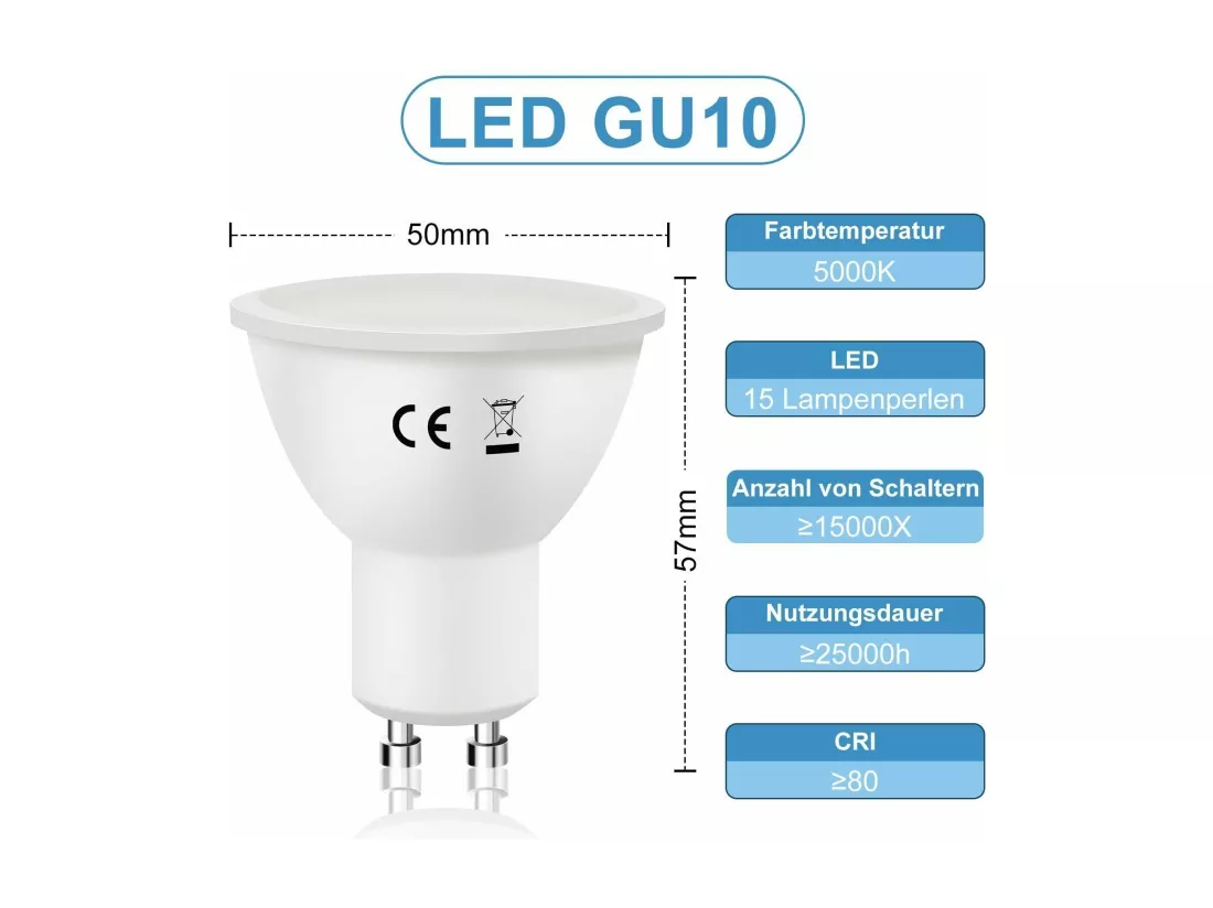 NETTLIFE Lot de 10 ampoules LED GU10 Blanc Froid L'ampoule LED 6W 5000K remplace une 60W économie d'énergie angle de faisceau 110° non dimmable Paquet