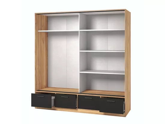 Chambre à coucher design collection EOS : Armoire, Lit 160x200, commode, chevets. Couleur chêne clair et noir