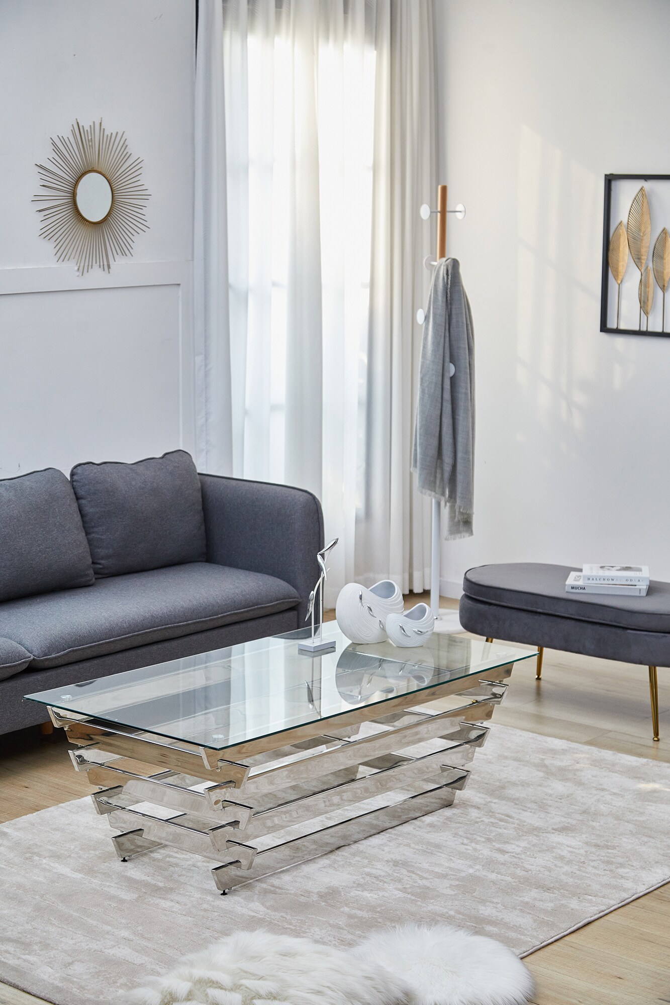 Couchtisch 130x70cm silber Sofatisch Glas Tisch Beistelltisch Wohnzimmertisch