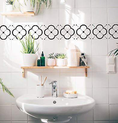 6 carreaux adhésifs motif grande fleur noire et blanche L.15 x H.15 x l.0,4cm