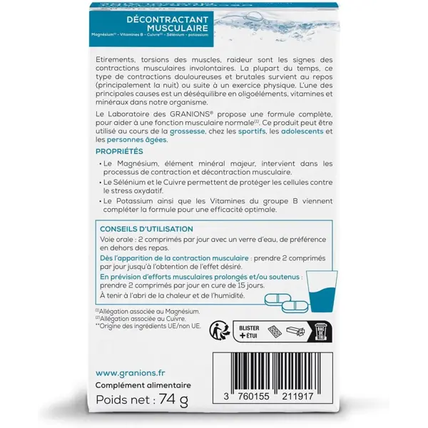 Granions Décontractant Musculaire - Détend les Muscles et Soulage les Douleurs Articulaires - Lot de 2 x 60 comprimés